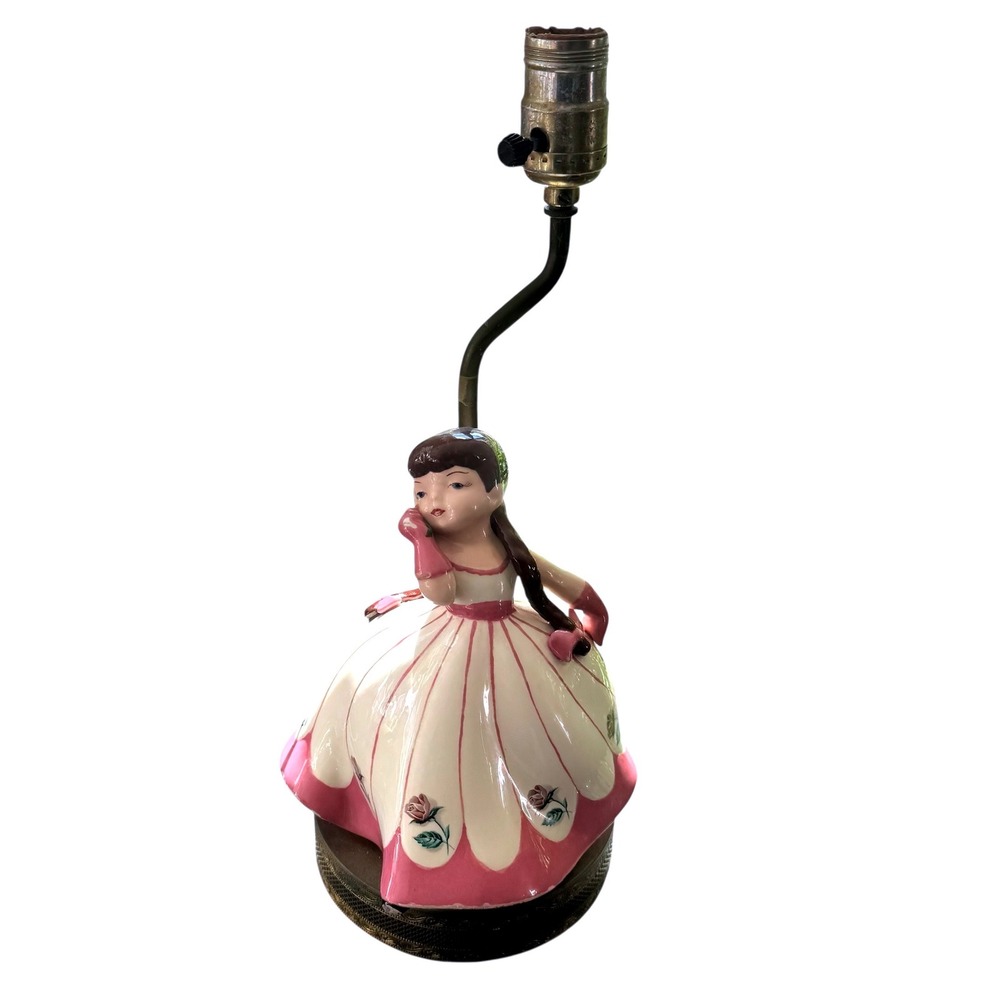 Vintage Ceramic Girl Figural Lamp Pink Dress Hand Painted Mid Century Working